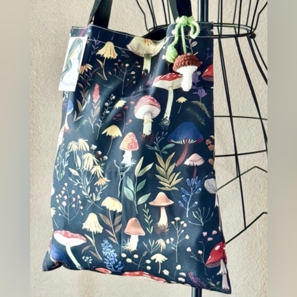 New Mushroom Core Shopping Purse Tote Bag w/ Handmade Crochet Mushroom Accent